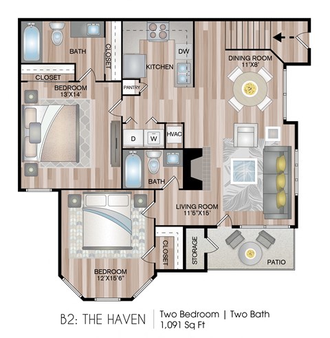 Floor plan for 2 beds, 2 baths, 1091 sqft